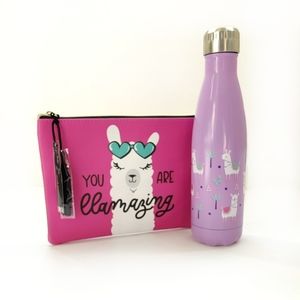 Llama set, new bag and metal water bottle, bundle of make up bag and  bottle.
